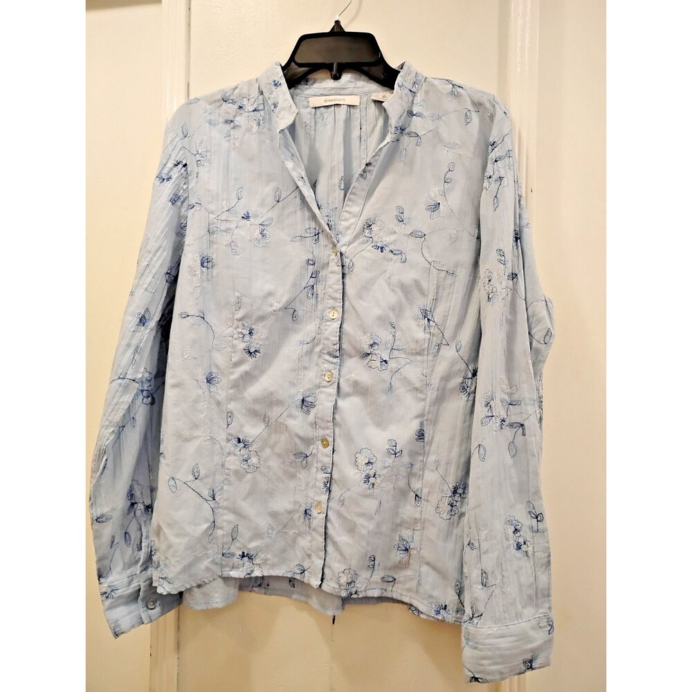 Dress Barn Button Down Top Size XL Embroidered Floral Blue Cotton Blend Grandma